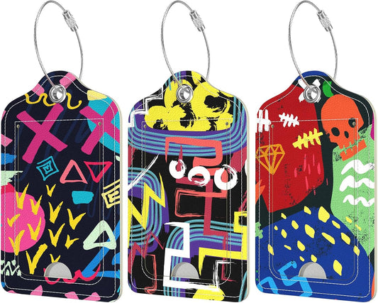 Rimilak 3 Pcs PU Leather Luggage Tags for Suitcase, Travel Cruise Luggage Tag with Privacy Flap, Name ID Label and Metal Loop for Women Men Baggage Handbag School Bag Backpack, Graffiti