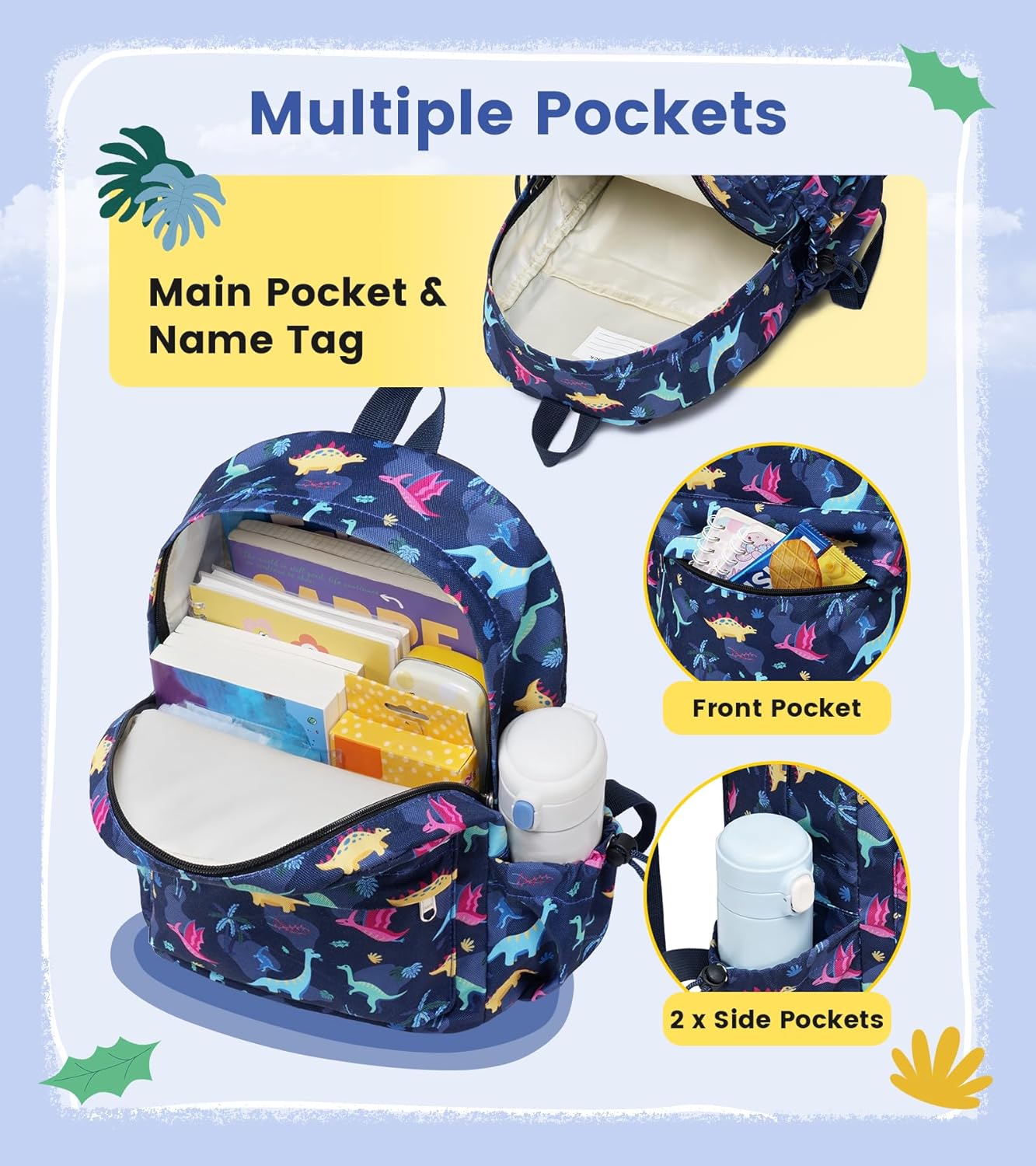 Vorspack Toddler Backpack for Boys - 12 Inch Kids Backpack for Boys Ages 3-4, Cute Dinosaur Bookbag School Bags for Kindergarten, Preschool - Blue