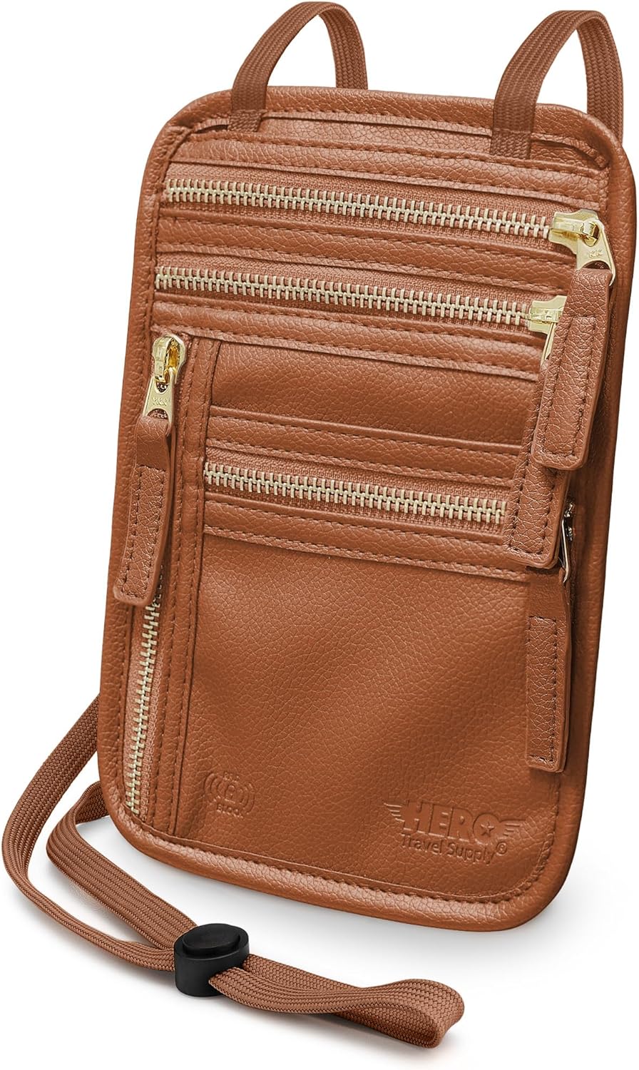 HERO Neck Wallet, RFID Blocking Vegan Leather Passport Holder & Pouch (Tan)