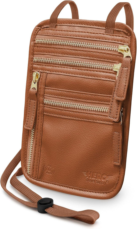 HERO Neck Wallet, RFID Blocking Vegan Leather Passport Holder & Pouch (Tan)