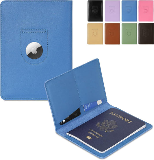 Full Grain Leather AirTag Passport Holder Wallet Cover for Men and Women Travel, Passport Holder with AirTag Slot Passport Wallet, Travel Essentials Genuine Leather Passport Cover Gifts (Blue)