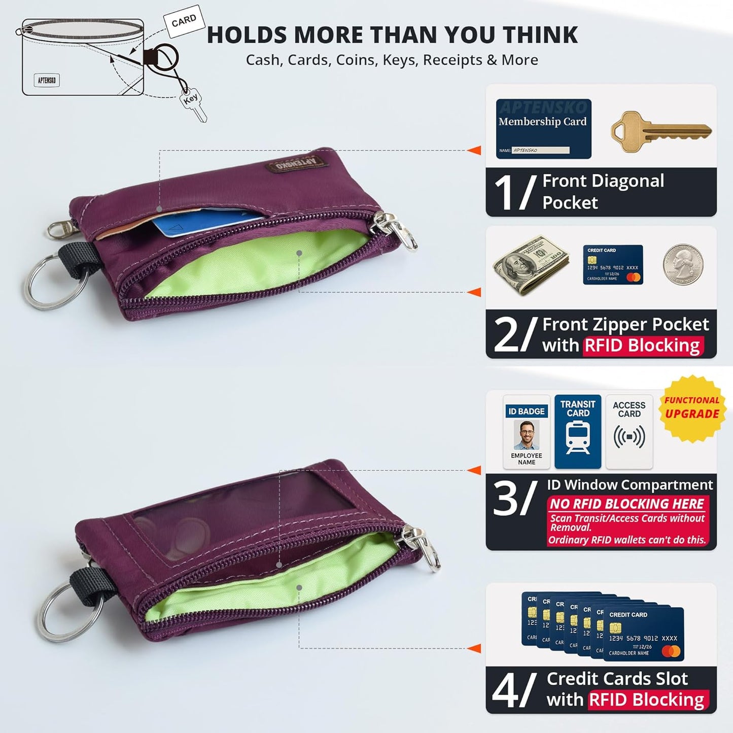 RFID Travel Wallet with Adjustable Lanyard-Zipper Small Wallet with ID Card Holder, Keychain for women&men-Minimalist Slim Waterproof Nylon case for ID, Cash, Key (Plum Wine)