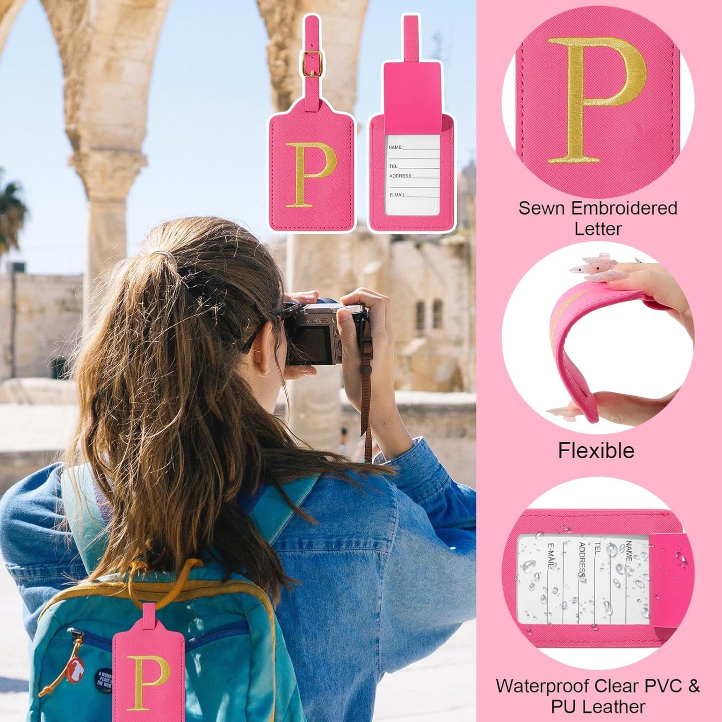 Initial Letter Luggage Tags for Suitcases, Personalized Embroidered Letter Luggage Bag Suitcase Identifier Name Tag, Cute PU Leather Travel Luggage Tags, Bag Tags for Luggage Handbags(Rosered P)