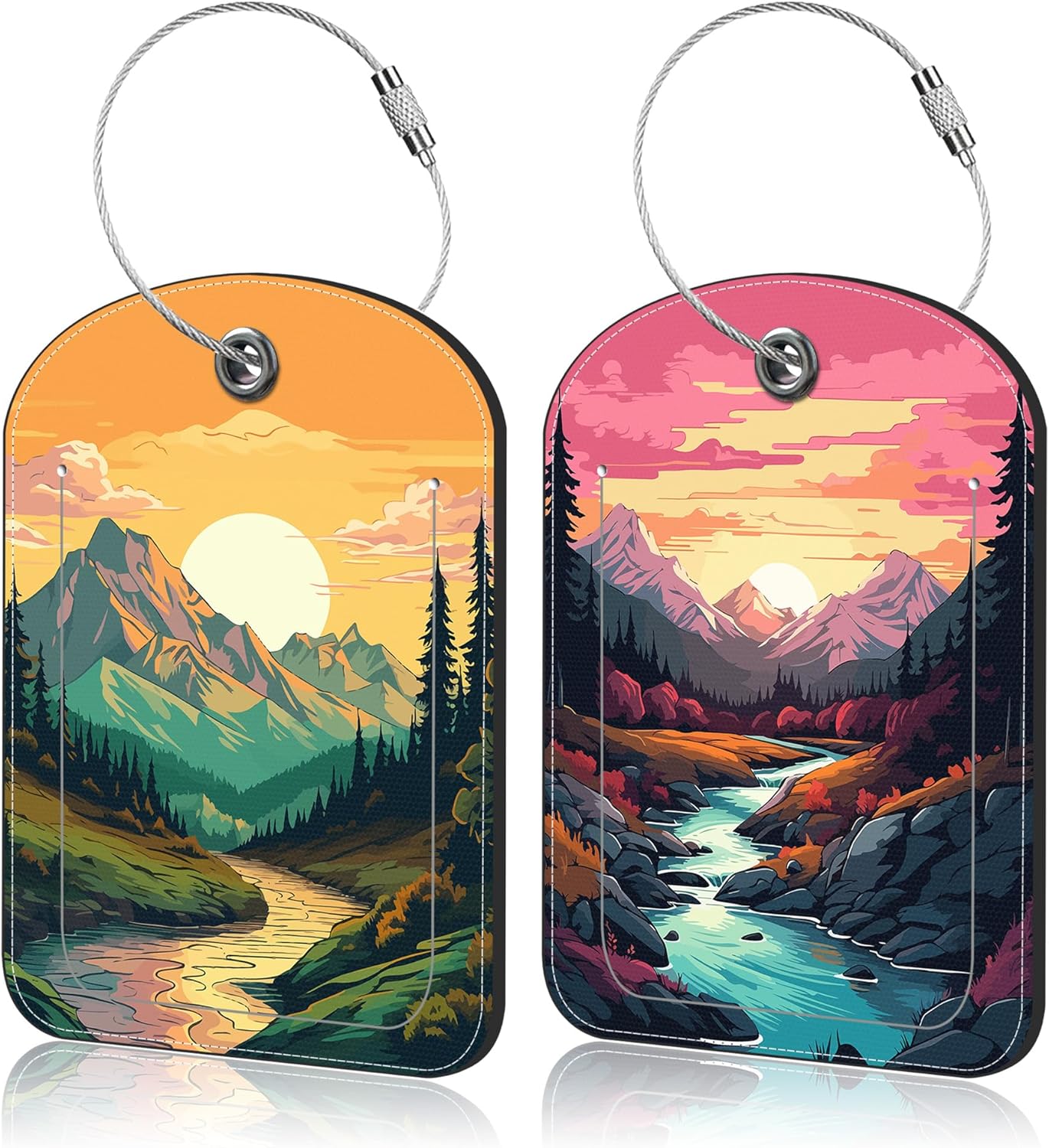 Sunset Mountains and River Landscape Leather Luggage Tag for Suitcase 2 Pack Luggage Tag with Privacy Name ID Label and Stainless Steel Loop for Travel Bag Suitcase
