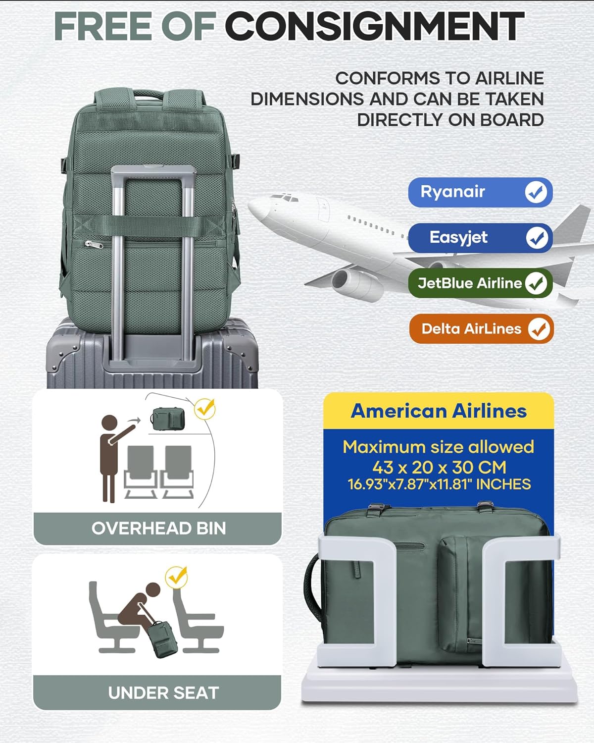 Vacuum Backpack Travel with Pump, Water Resistant Cabin Size Travel Backpack with Vacuum System, 18x14x8 Frontier Personal Item Travel Bag for Men Women Fits 16" Laptop Backpack, Army Green