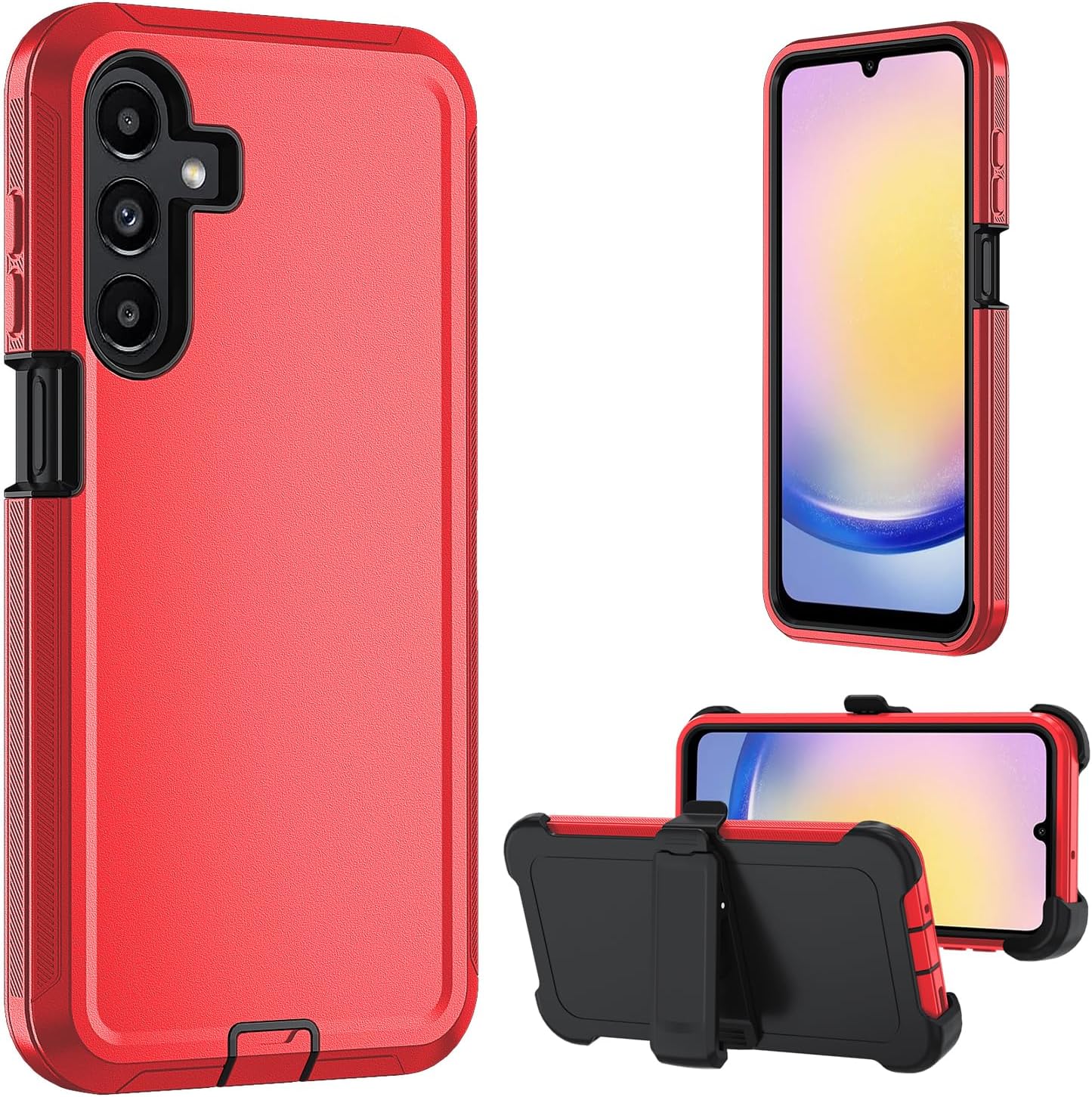 for Samsung Galaxy A17 5G case,A16 5G Heavy Duty case,with A Tempered Glass Screen Protector, [Military Grade Protective ] [Shockproof] [Dropproof] [Dust-Proof] (with Belt Clip-Red/Black)