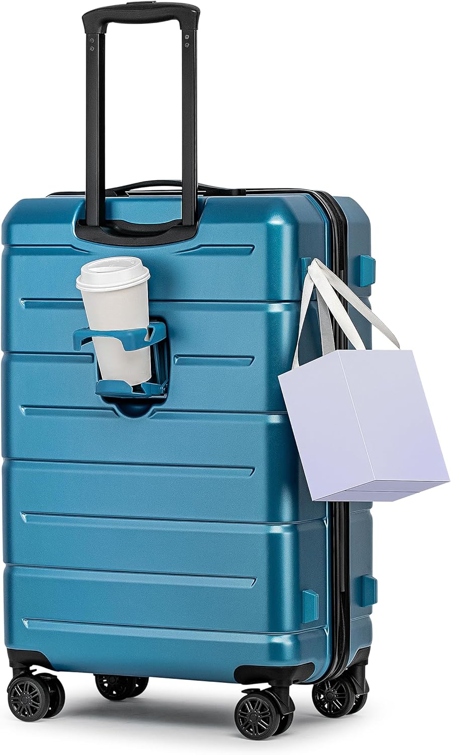 KYME 26 Inch Luggage TSA Approved Hard Shell Suitcases with Spinner Wheels Durable Medium Travel Checked Luggage with Cup Holder for Women Men Blue
