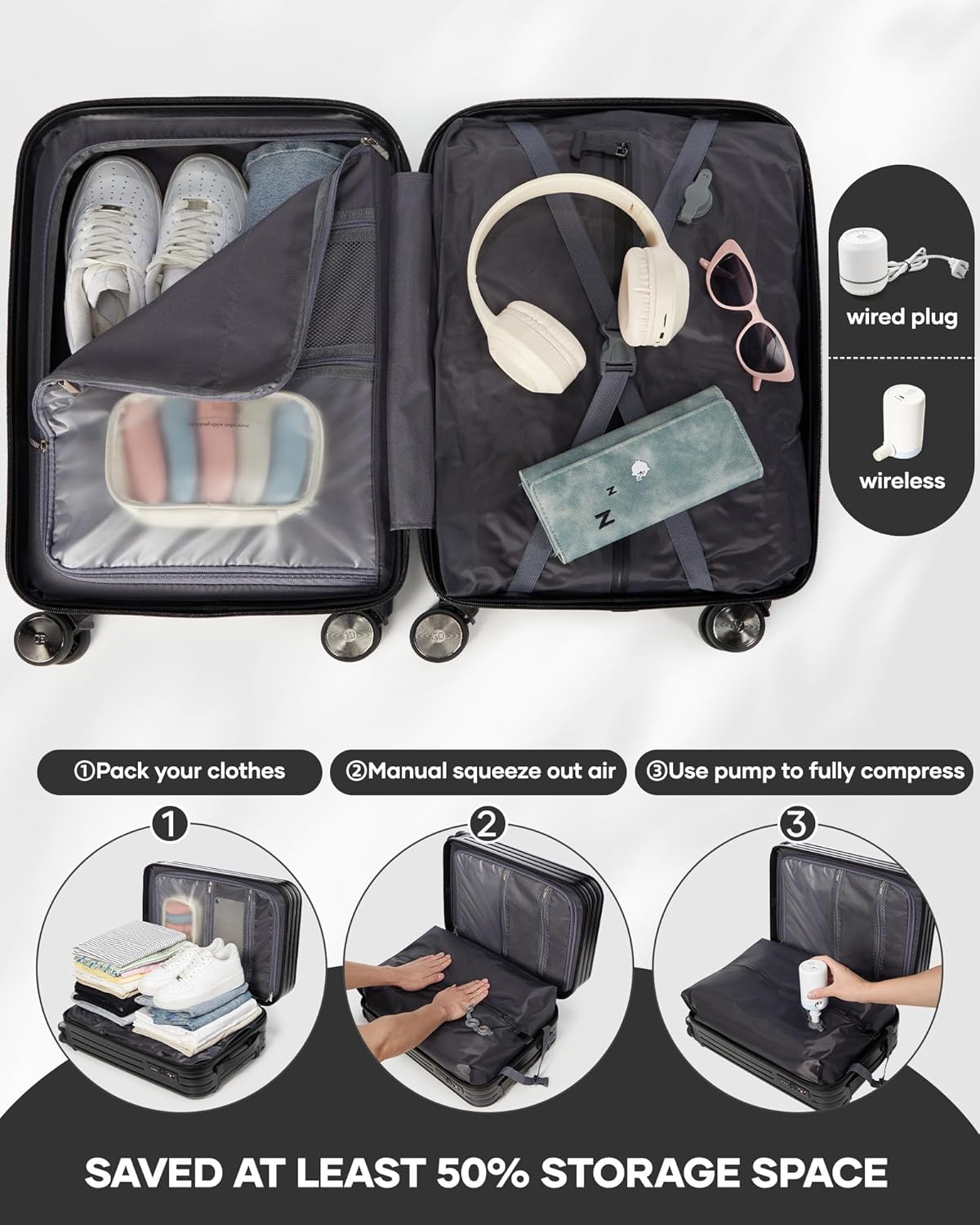 Vacuum Suitcase Carry On Luggage with Vacuum Compression,Airline Approved 20 inch Travel Luggage with Spinner Wheels, TSA Lock,Travel Bag,Air Pump