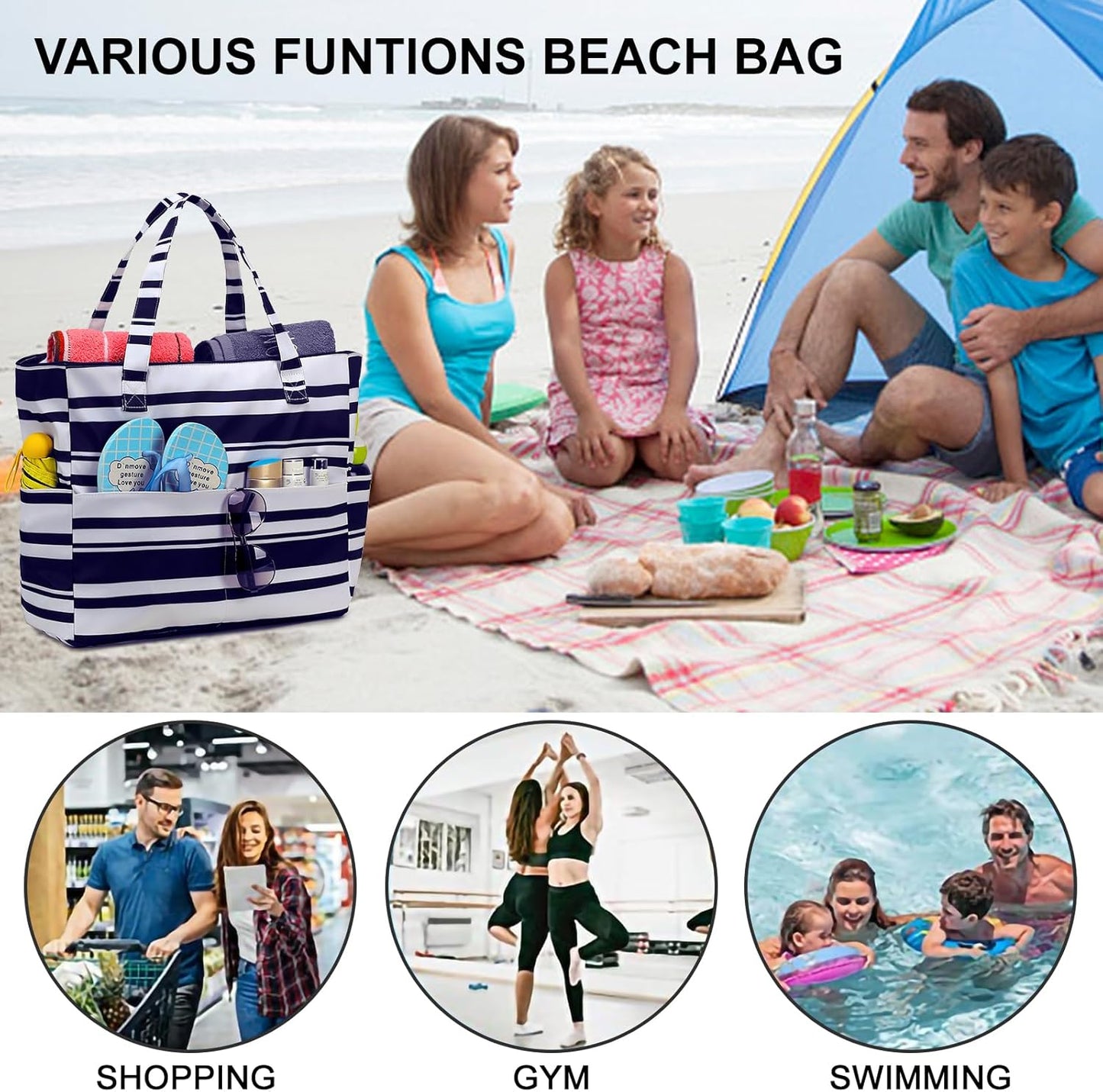 Bluboon Waterproof Beach Tote Pool Bags for Women Ladies Extra Large Carry On Bag With Wet Compartment for Weekender Travel