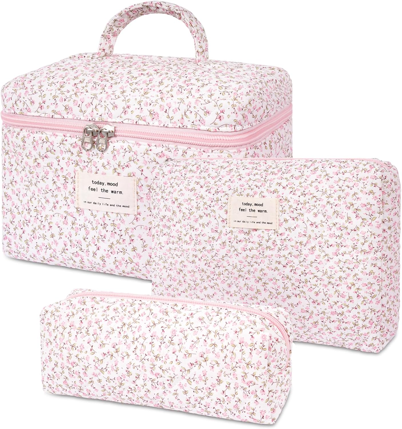 3PCS Quilted Makeup Bag Set, Cosmetic Pouch for Women, Travel Toiletry Bags with Zipper Closure, Coquette Floral Make up Organizers