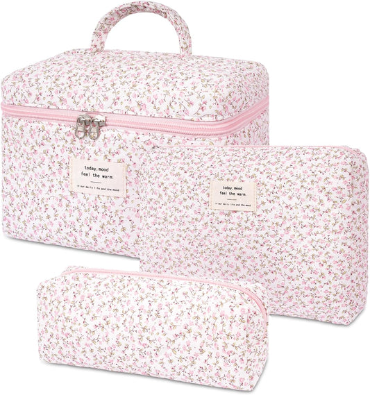 3PCS Quilted Makeup Bag Set, Cosmetic Pouch for Women, Travel Toiletry Bags with Zipper Closure, Coquette Floral Make up Organizers