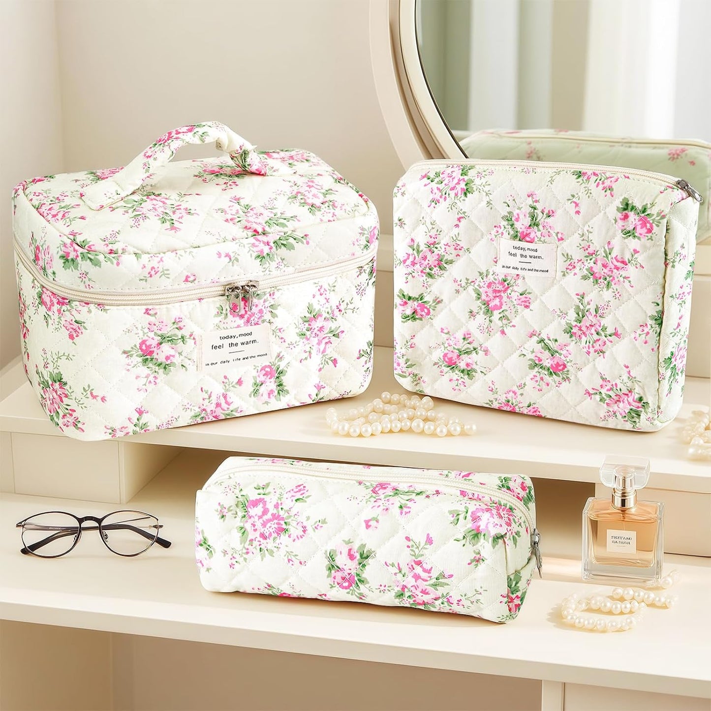 3Pcs Cotton Quilted Makeup Bag for Women Girls, Large Floral Cosmetic Bag Set Cute Makeup Brushes Aesthetic Accessories Storage Bag Pink Flower Travel Toiletry Bag Organizer
