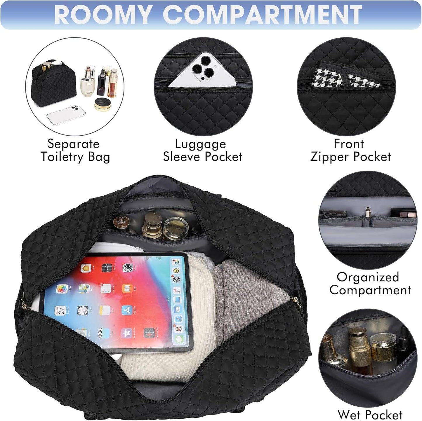 Travel Duffle Bag Weekender for Women - 38L Carry-On Overnight Personal Item Bag with Shoe