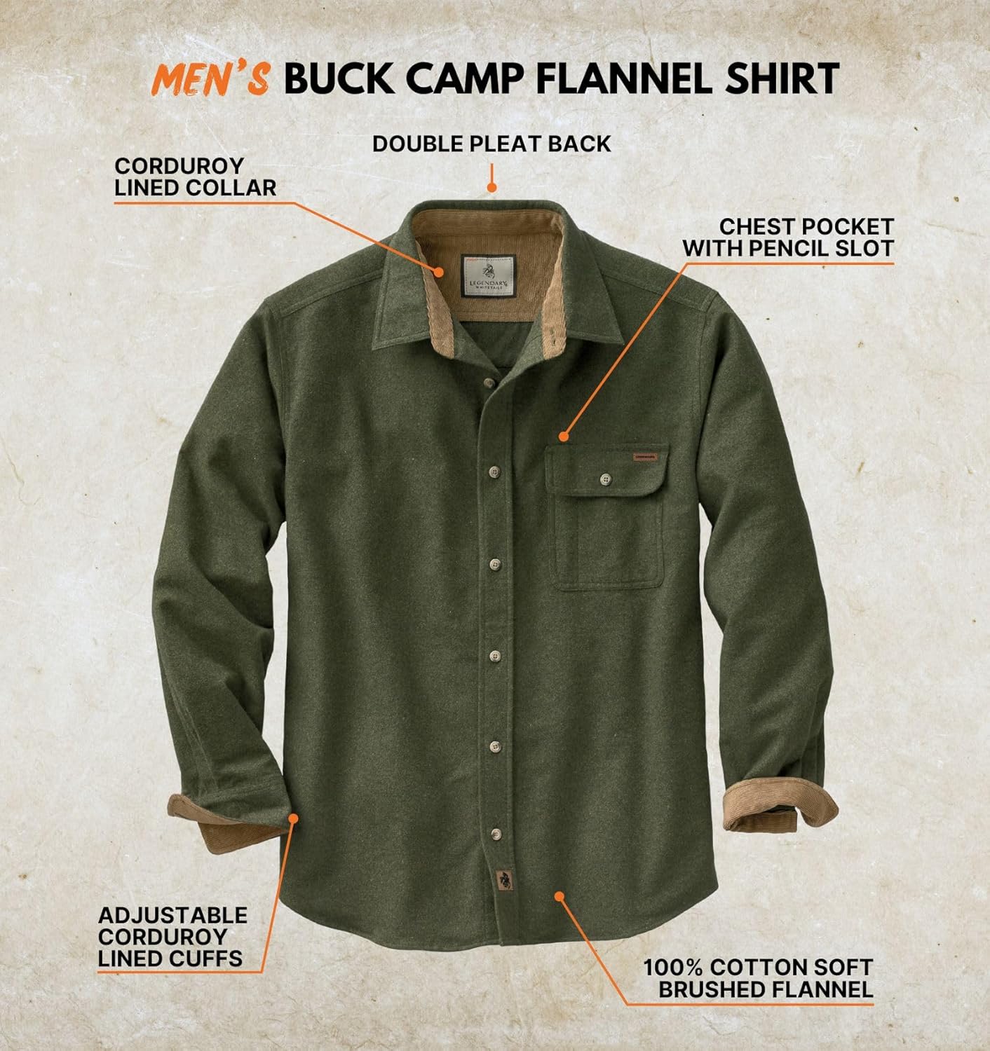 Legendary Whitetails Men's Flannel Shirt Long Sleeve Button Down 100% Cotton