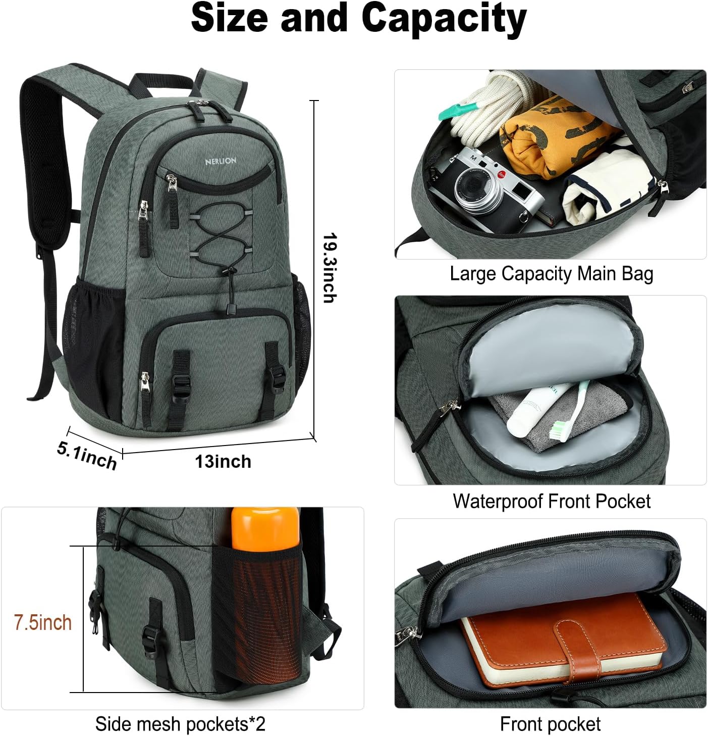 Nerlion Lightweight Foldable 35L Hiking Backpack Travel Backpack for Men Women Camping Waterproof Outdoor Hiking Daypack Backpack Dark Gray