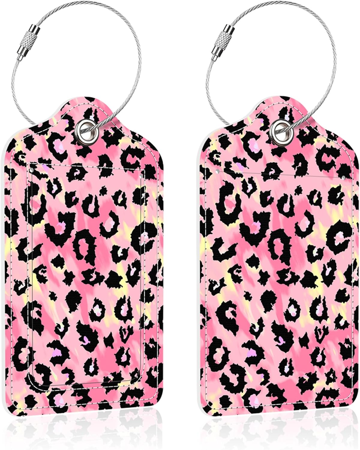 Luggage Tags for Suitcase,2 Pack Pink Leopard Print Luggage Tag,PU Leather Id Label Luggage Tags with Stainless Steel Loop and Privacy Cover for Women Men Teens Travel