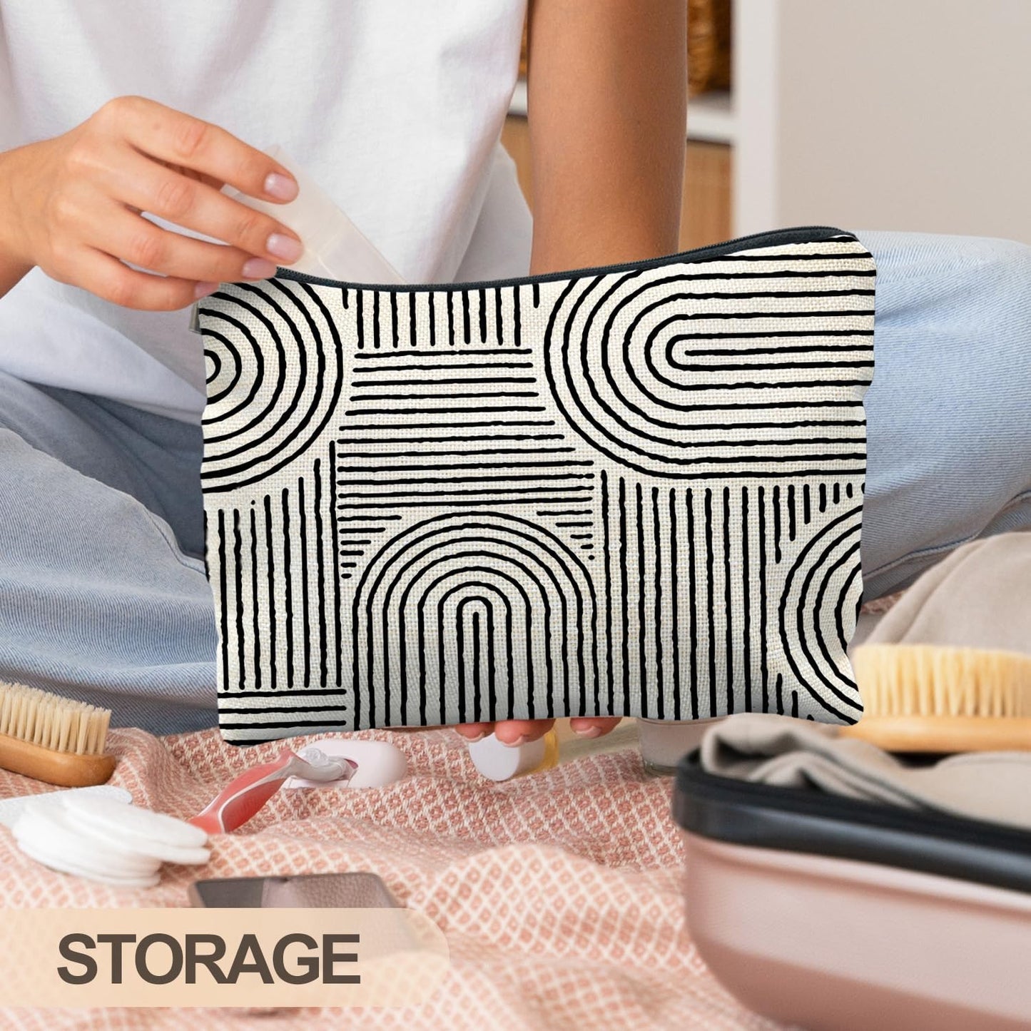 Abstract Minimalist Black and White Makeup Bag, Aesthetic Boho Rainbow Line Art Cosmetic Bags for Women, Boho Gifts for Women, Contemporary Modern Zipper Makeup Pouch