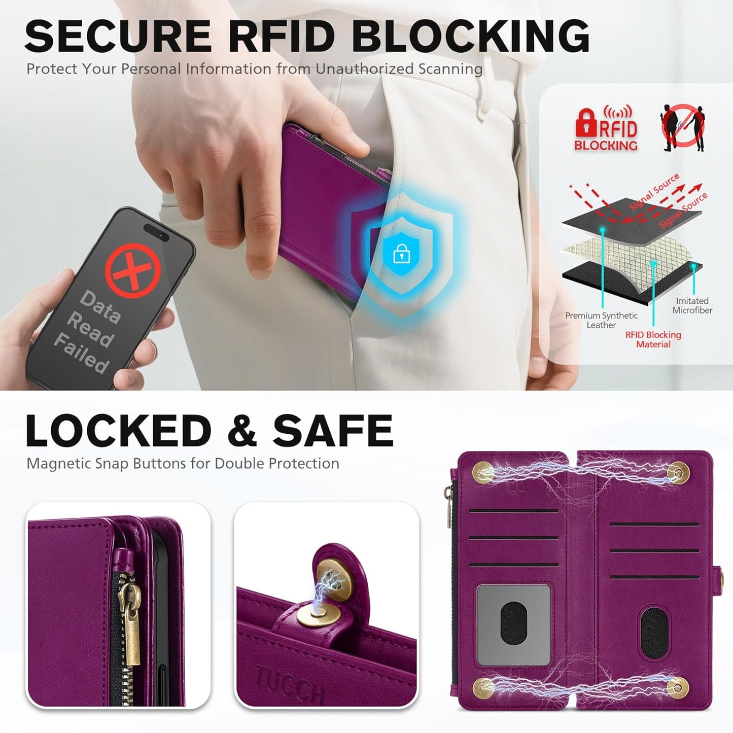 TUCCH Crossbody Detachable Wallet Case for iPhone 17 Pro Max 6.9", 10 Card Holders RFID Blocking, Wireless Charging, Stand Wrist Strap, Lanyard, Zipper Pocket, PU Leather Shockproof Cover, Plum Purple
