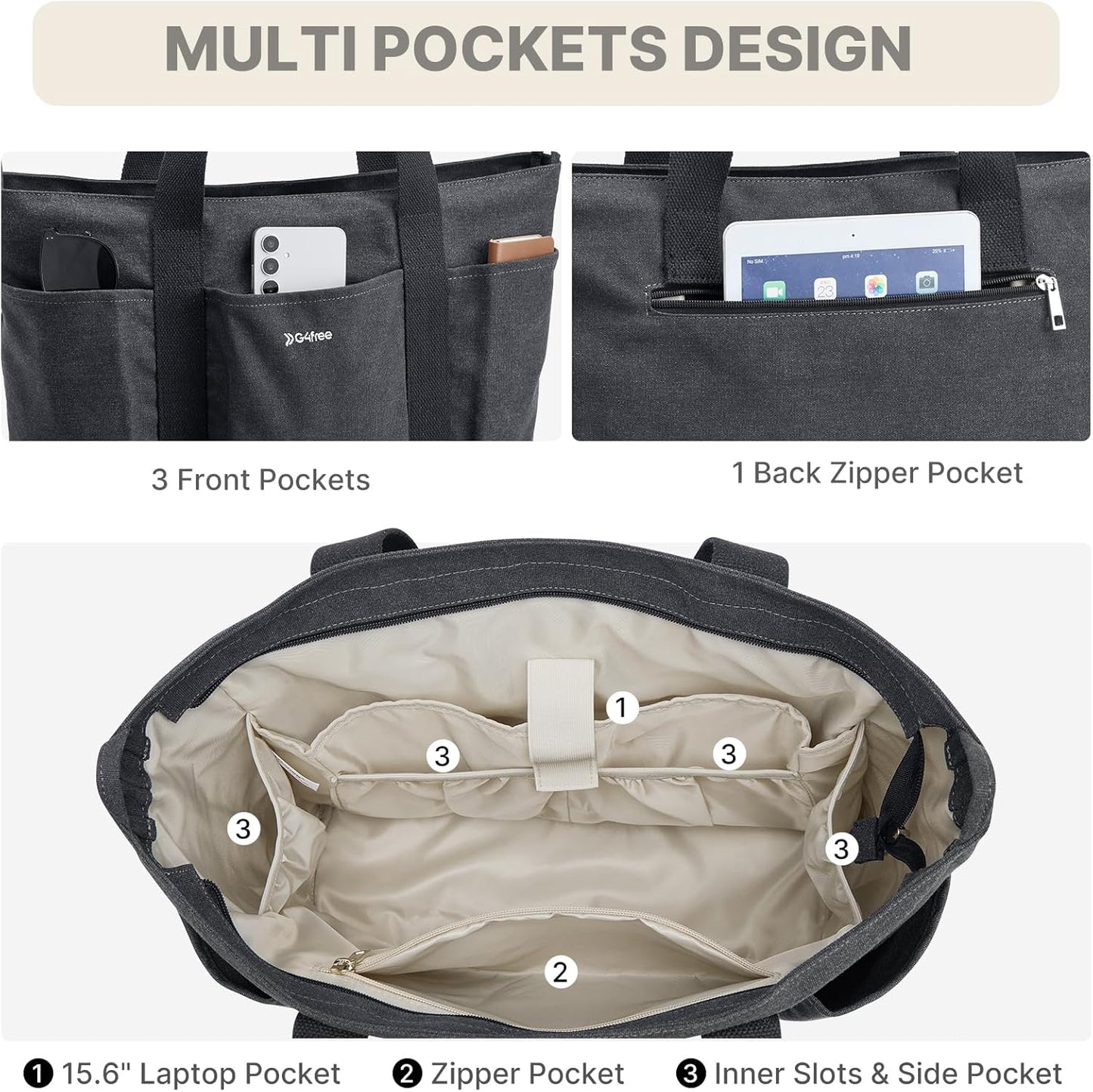 G4Free Large Canvas Tote Bag for Women with Zipper Fit 15.6" Laptop, Everything Tote Bags with Pockets for Work, Travel