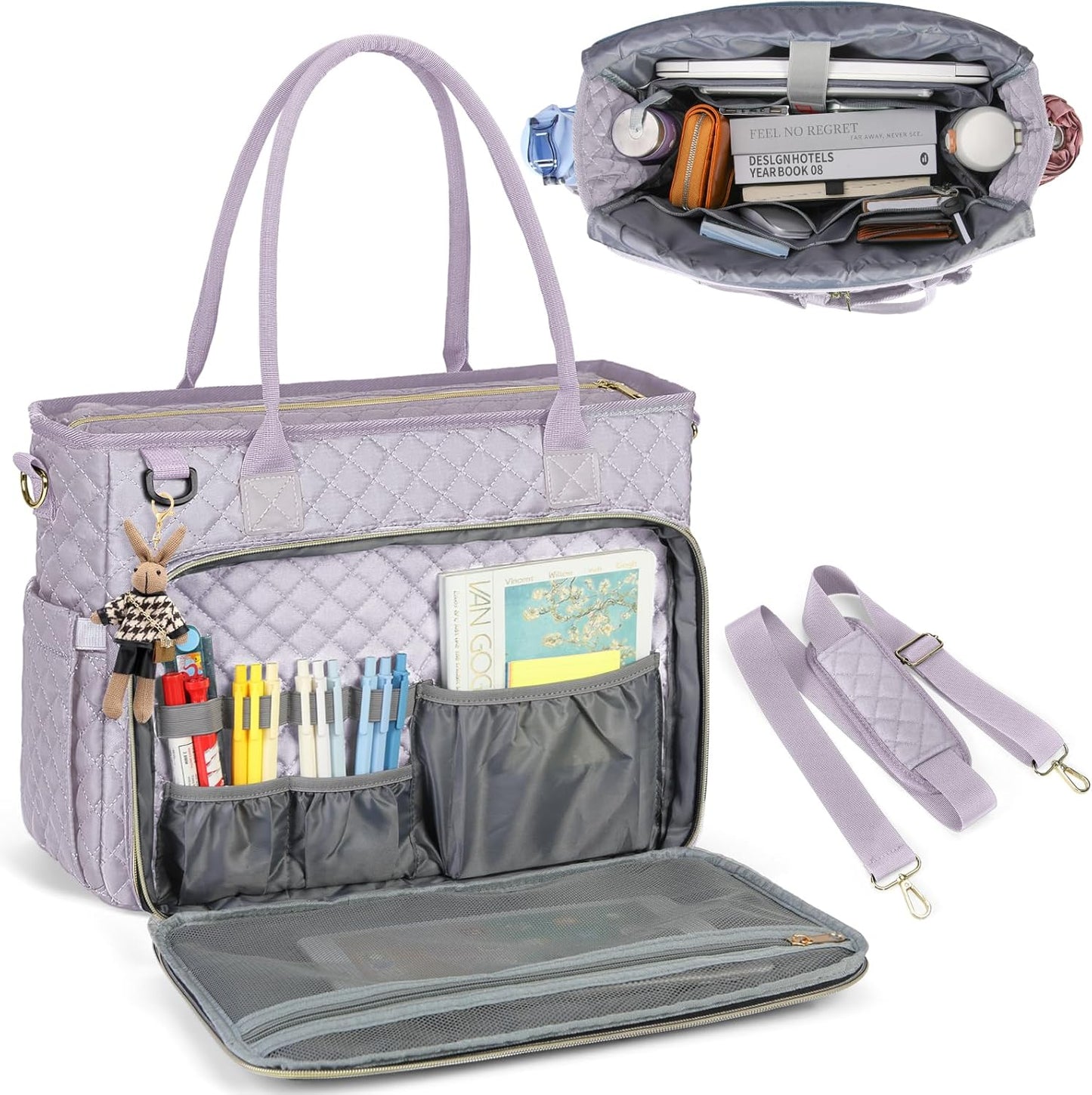 RAINSMORE Teacher Tote Bag 15.6 inch Laptop Bag for Women Work Bags Laptop Tote Nurse Bag Professional Computer Messenger with Insulated Pocket, Laptop Briefcase for Office, College, Gray Lilac