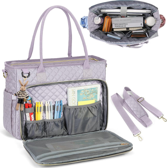 RAINSMORE Teacher Tote Bag 15.6 inch Laptop Bag for Women Work Bags Laptop Tote Nurse Bag Professional Computer Messenger with Insulated Pocket, Laptop Briefcase for Office, College, Gray Lilac