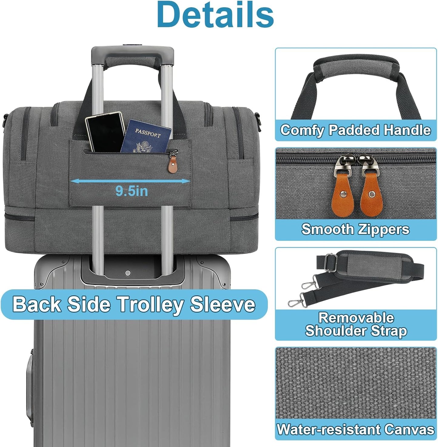 Canvas Travel Duffel Bag for Men - 21 Inch Expandable 47L Weekender Bags with Trolley Sleeve & Toiletry Bag, Overnight Carry On Luggage with Removable Shoulder Strap, Durable & Water-Resistant