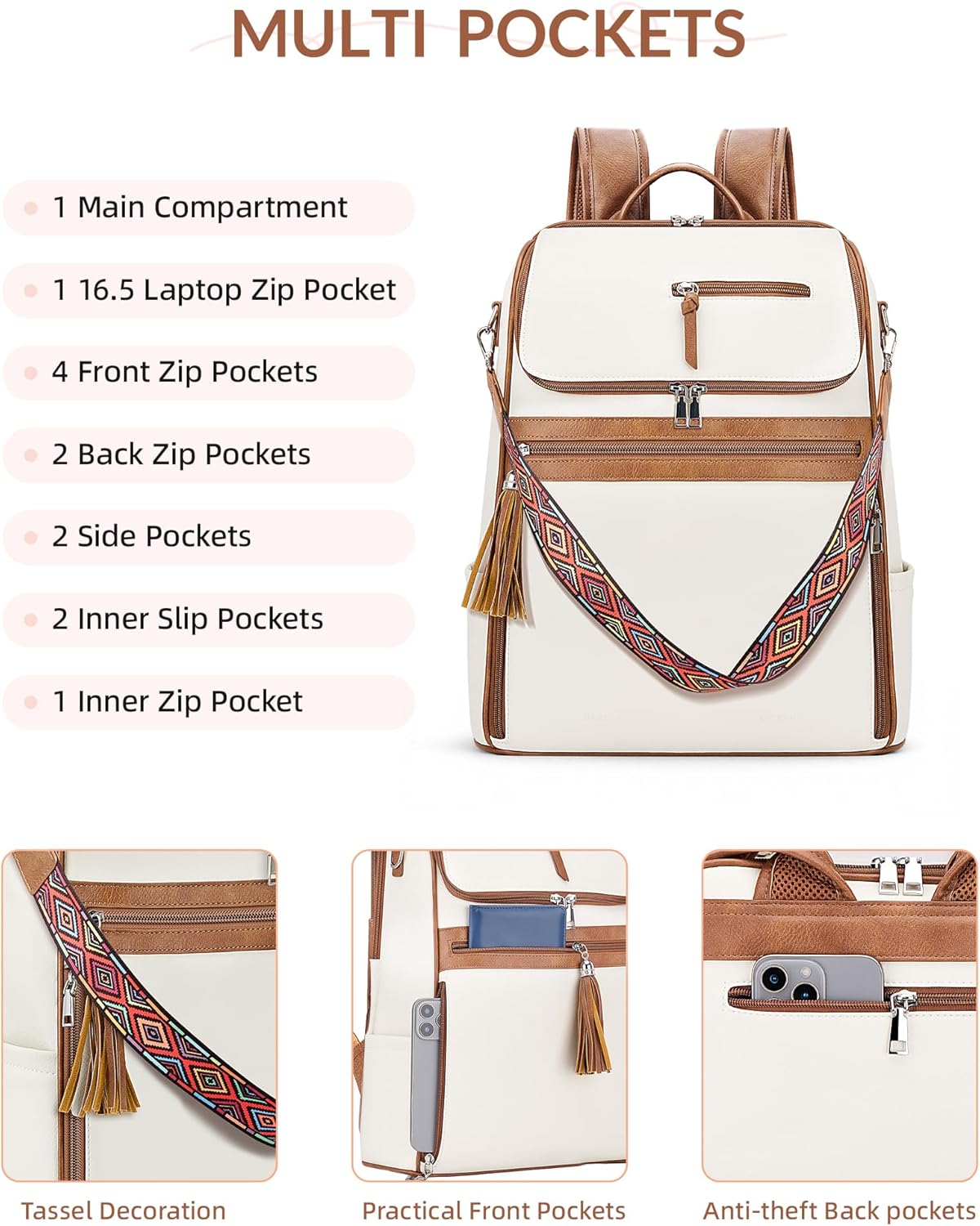 Leather Laptop Backpack for Women Designer Laptop Bag, 16.5 inch Travel Computer Backpacks Purse with Tassel for Work Business with Satchel Purse Beige Brown