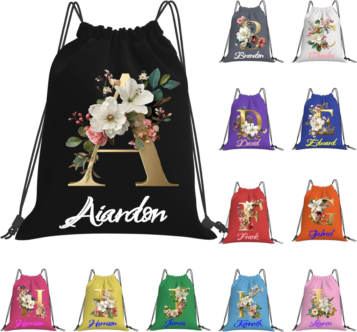 Personalized Drawstring Bag with Your Name Drawstring Backpack for Men Women Small Gym Beach Shopping Sport Yoga Bag (Letter 2)