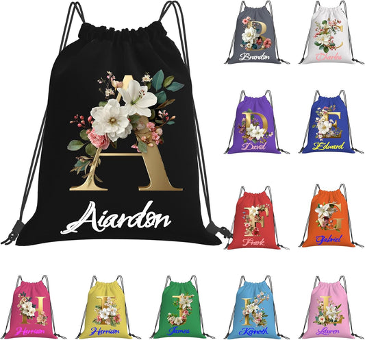 Personalized Drawstring Bag with Your Name Drawstring Backpack for Men Women Small Gym Beach Shopping Sport Yoga Bag (Letter 2)