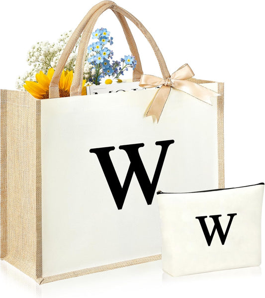 Initial Canvas Tote Bag & Makeup Bag for Women Teacher Bridesmaids，Personalized Present for Wedding, Birthday, Beach