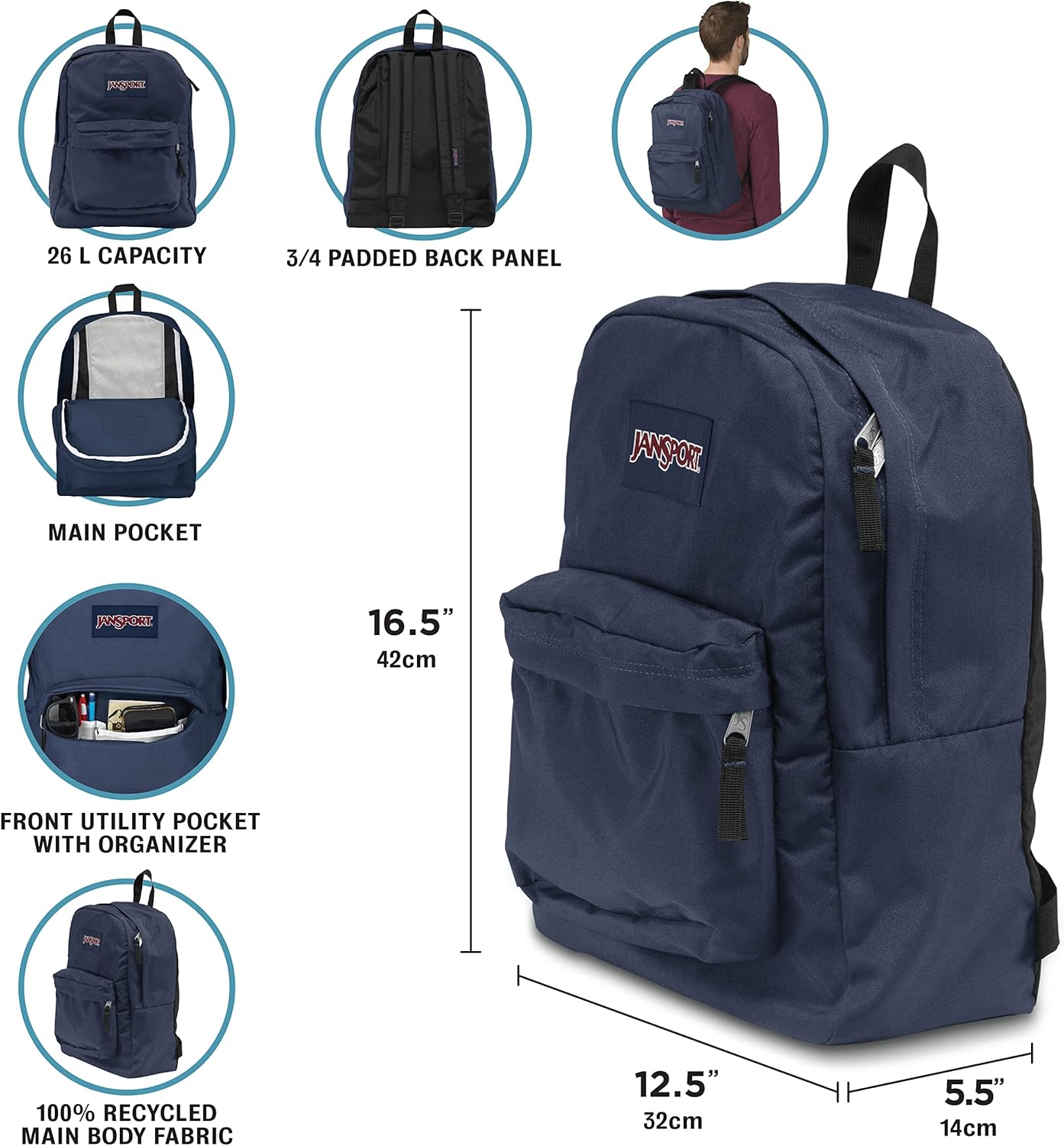 JanSport SuperBreak One Backpacks - Durable, Lightweight Bookbag with 1 Main Compartment, Front