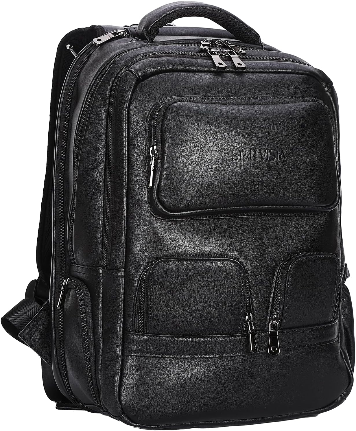 STAR VISTA 15.6" Raphael Calfskin Leather Laptop Backpack, Multi Pockets, Casual Outdoor Business Travel Rucksack, YKK Zippers, Black