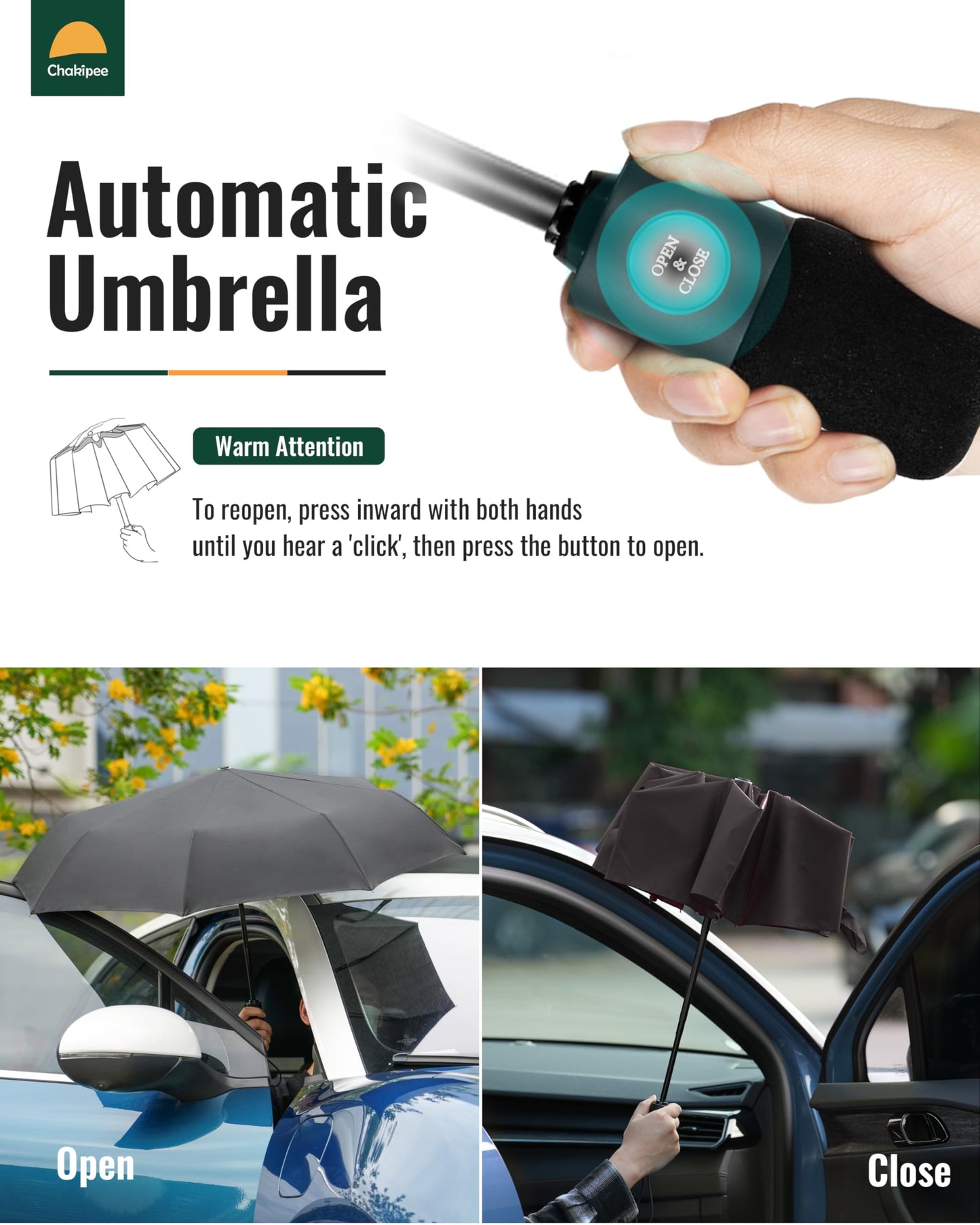Chakipee Travel Compact Umbrella Windproof - Portable Automatic Umbrellas for Rain, Folding