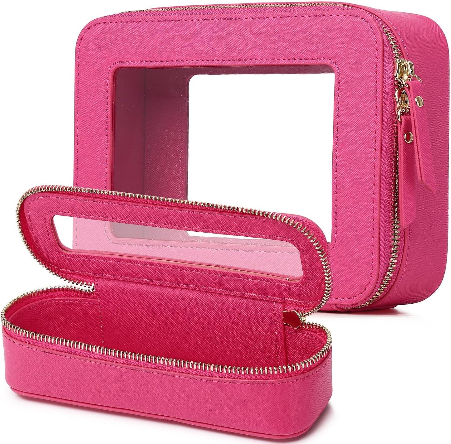 Clear Travel Makeup Bag with Brush Case Portable Transparent Cosmetic Bag and Toiletry Bag Waterproof Makeup Organizer with Zipper Car Essential for Women (Fuxia, M+Slim)