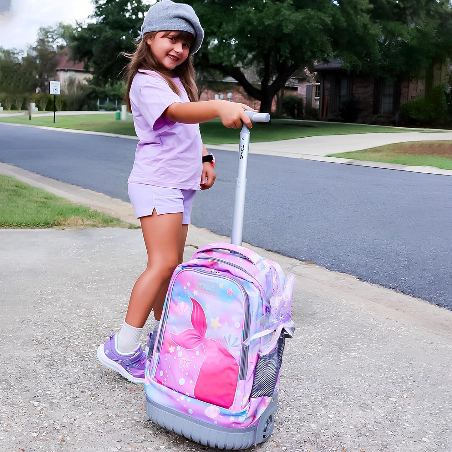 Tilami Rolling Backpack 19 inch Wheeled Cute LAPTOP Boys Girls Travel School Student Trip，Beautiful Tail