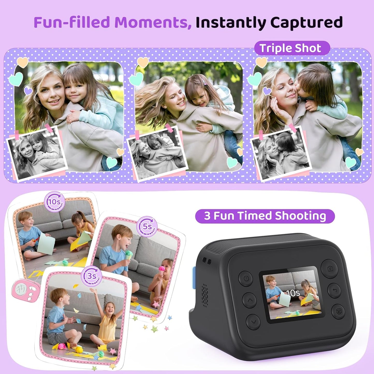 Instant Print Camera for Kids, Birthday Gifts for Girls and Boys Ages 3-12 - 1080P Video Camera for Kids, Gift Ideas for Boys Ages 3 4 5 6 7 8 9 10 11 12 - Girls' Gifts for Christmas/Holidays (Black)