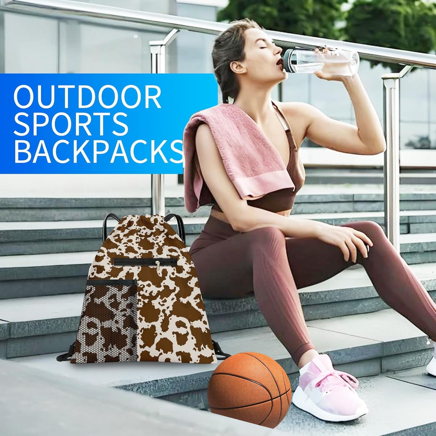 Drawstring Backpack Sports Gym Bag, Large String Swim Bag for Beach With Water Bottle Mesh Pocket, Cute Gym Sack with Zipper Pocket for Men Women Luxuious Cow Print