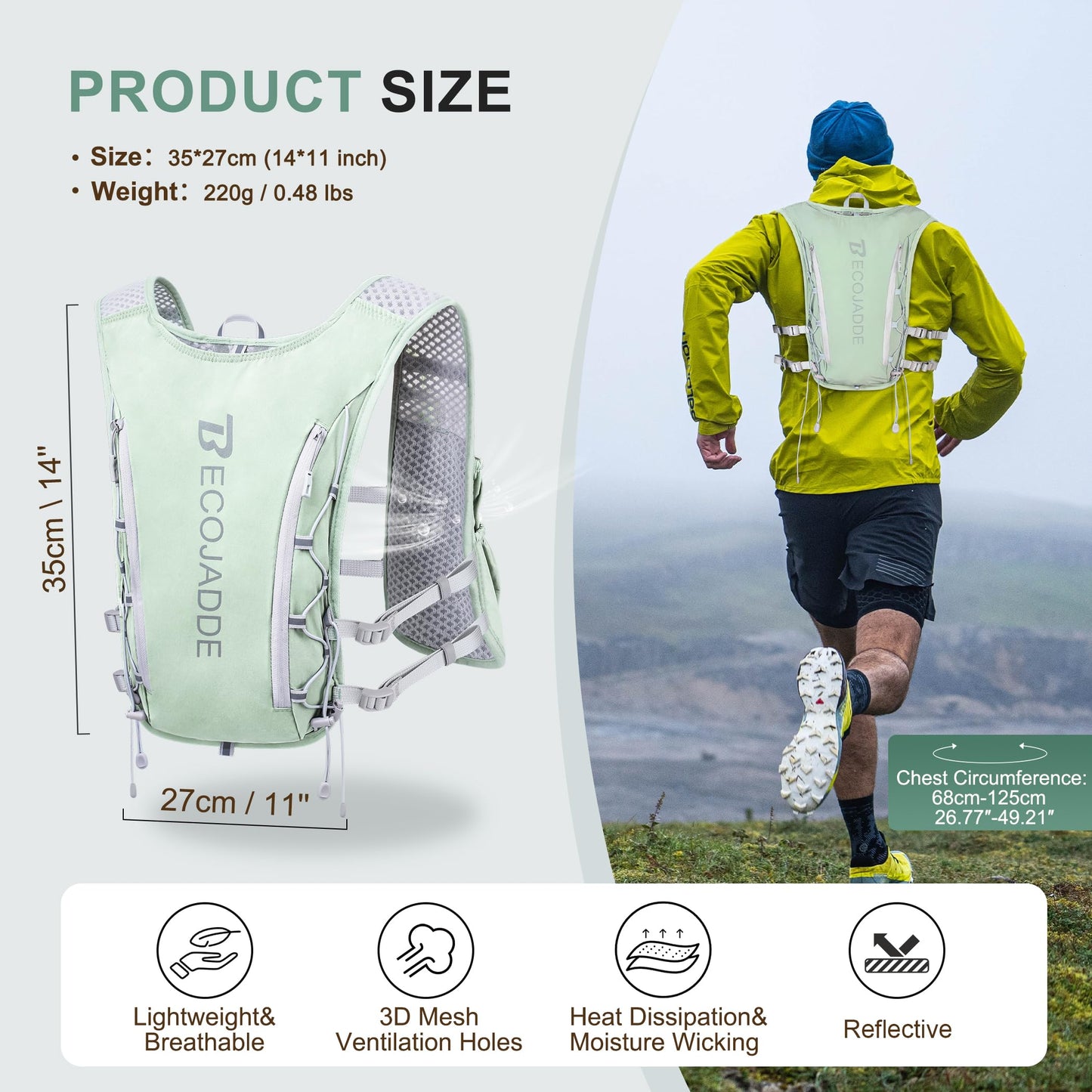 BECOJADDE Running Vest Hydration Backpack with Two 500ML Soft Water Bottles for Men Women, 5L