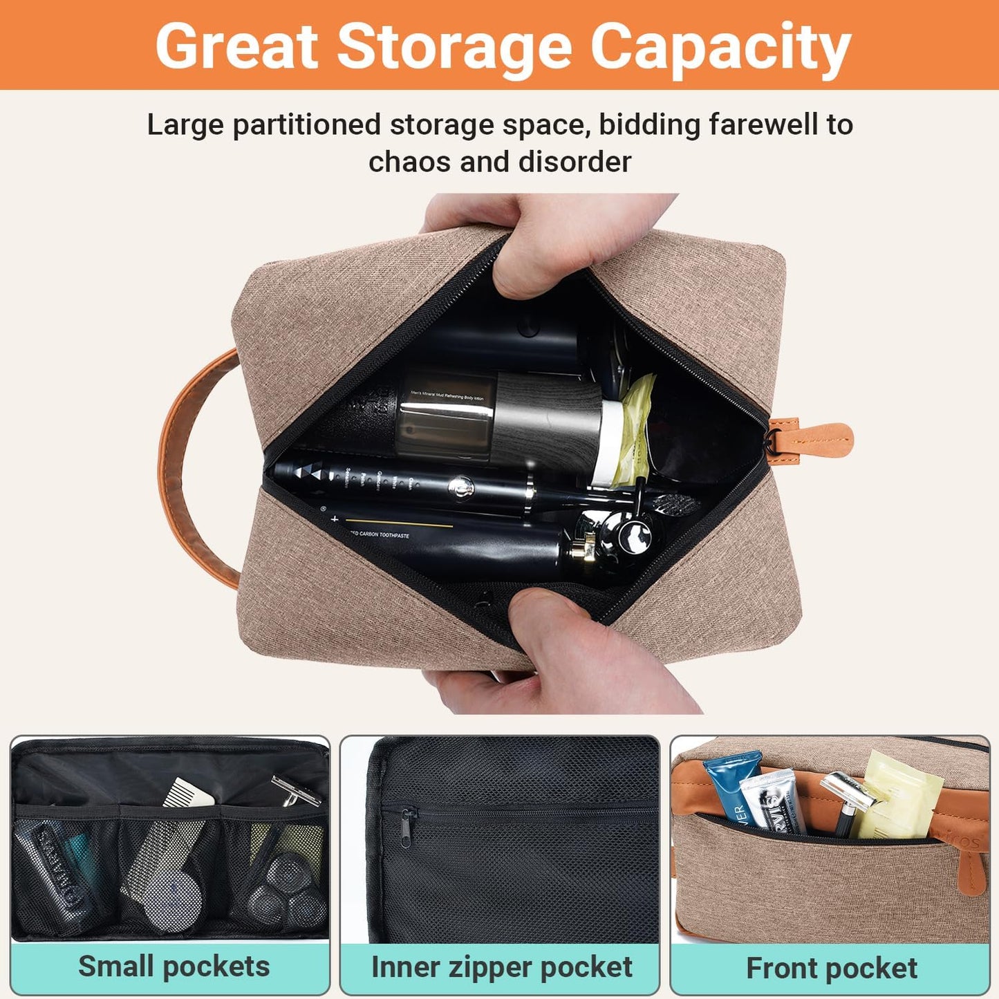 Elviros Travel Toiletry Bag for Men Hanging Dopp Kit Water Repellent PU Leather Shaving Bag with Large Capacity for Travel and Bathroom, Khaki