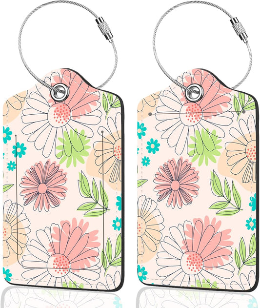 2Pack Luggage Tags for Suitcases, Cute Unique Pu Leather Cruise Luggage Tag with Privacy Cover ID Label Address Card and Metal Ring Suitable for Women Men Kids Travel Bag Pink Line Flower