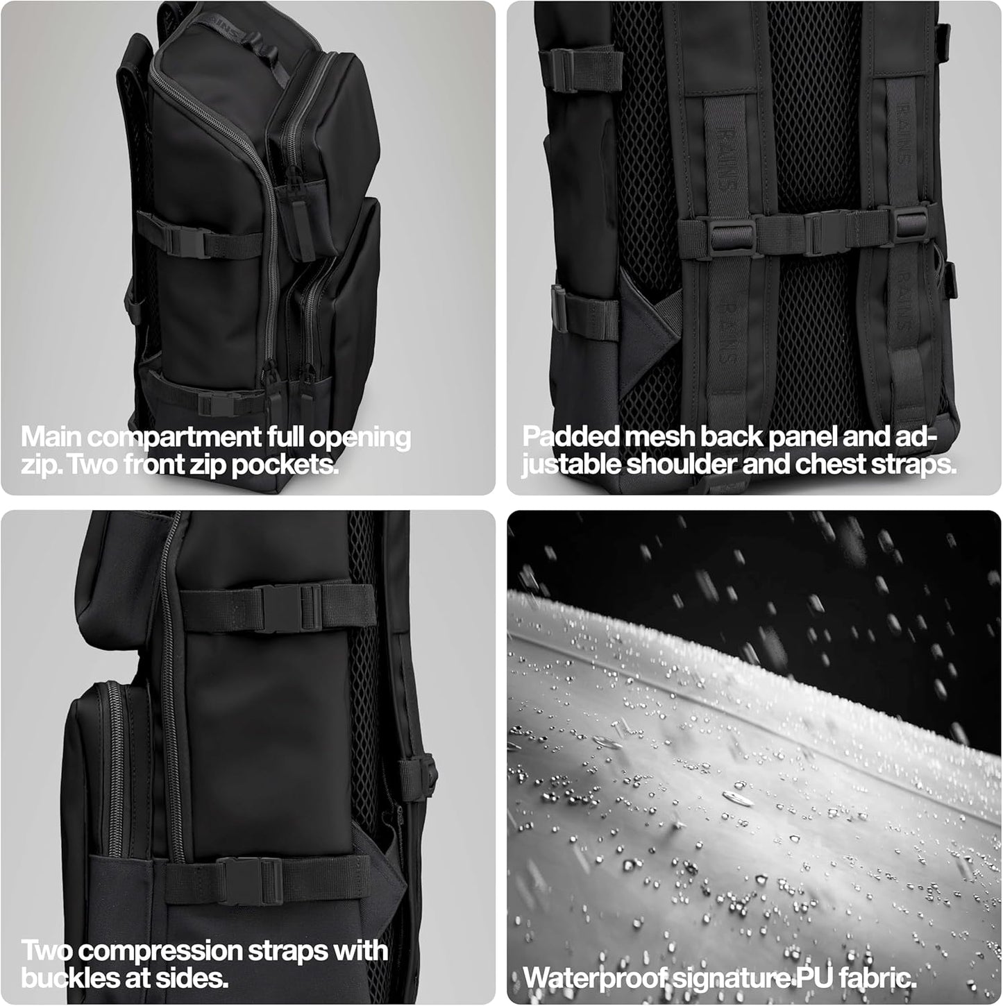RAINS Trail Cargo Backpack – Black Unisex Cargo Backpack Water Resistant Water Repellent PU Fabric Smooth Feel Outdoor Urban Design 14L Capacity – 2 Year Warranty