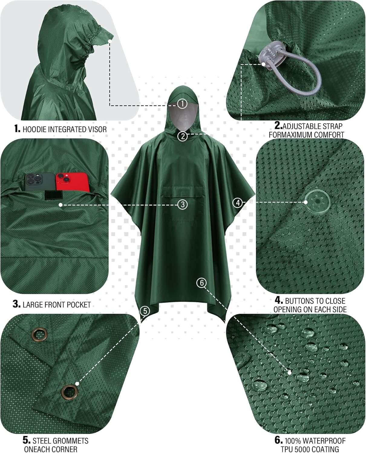 iCreek Hooded Rain Poncho Packable Unisex Raincoat Jacket with Pocket Waterproof Lightweight for Hiking, Camping, Outdoor
