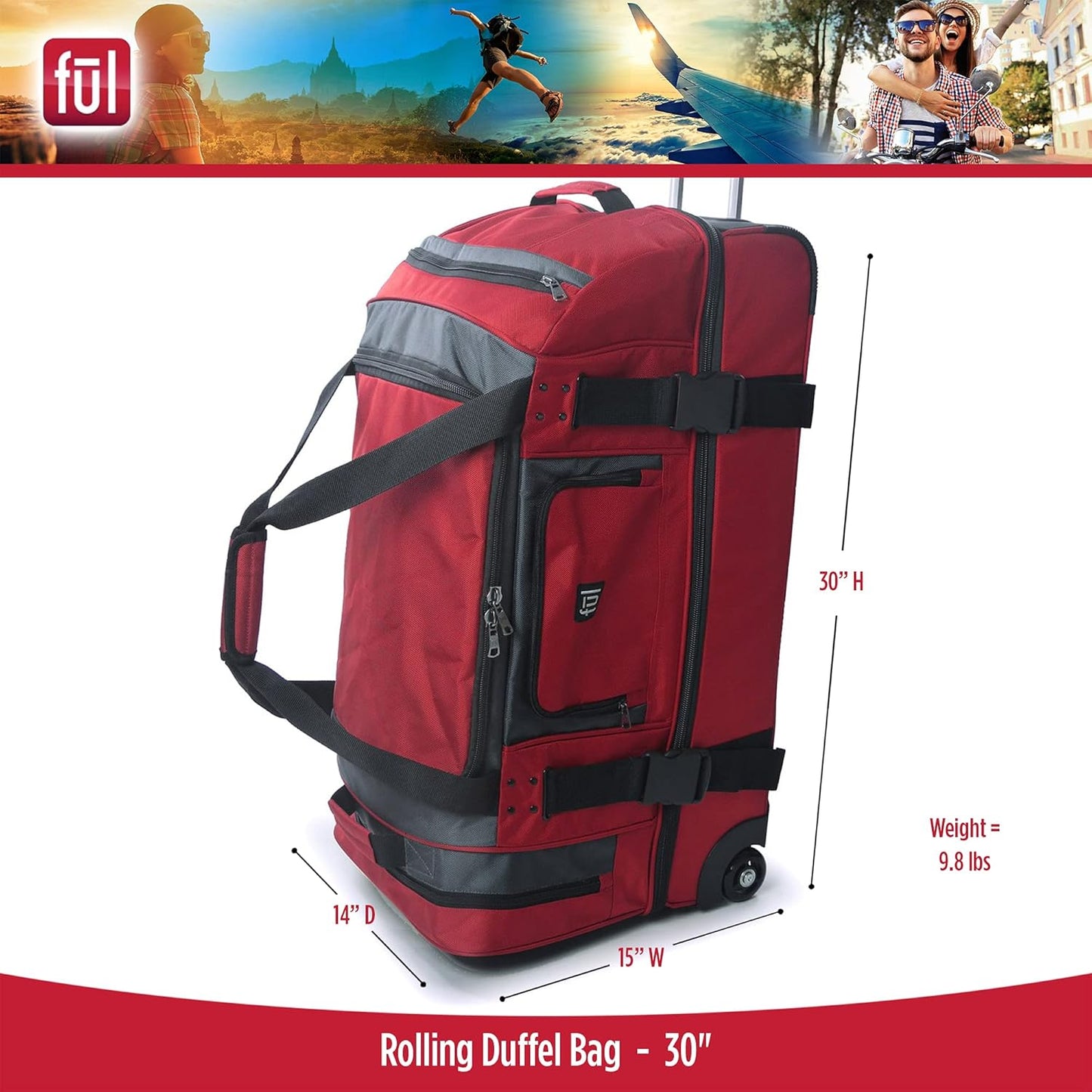 FUL Rig 30 Inch Rolling Duffel Bag, Travel Luggage with Wheels
