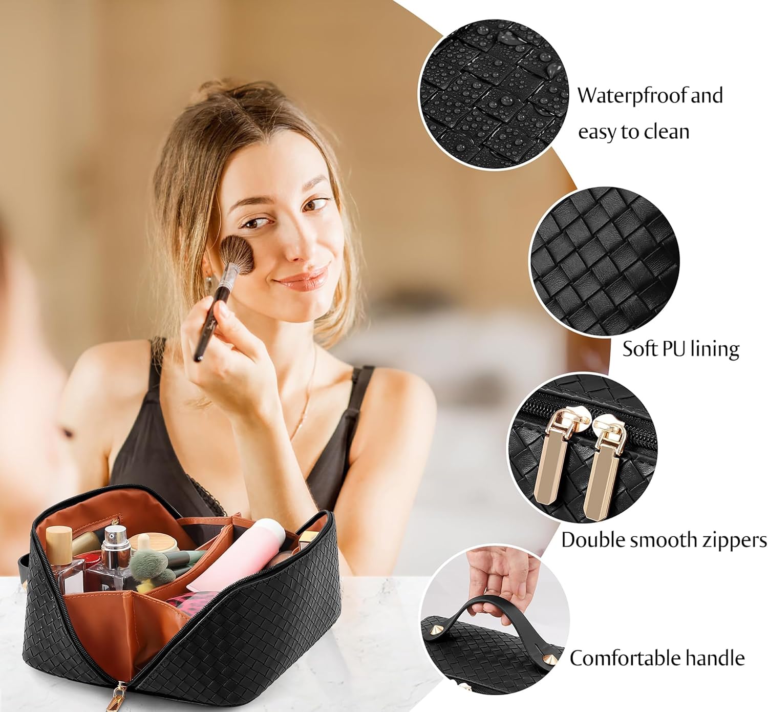 Large Capacity Travel Cosmetic Bag - Portable Makeup Bags for Women Waterproof PU Leather Checkered