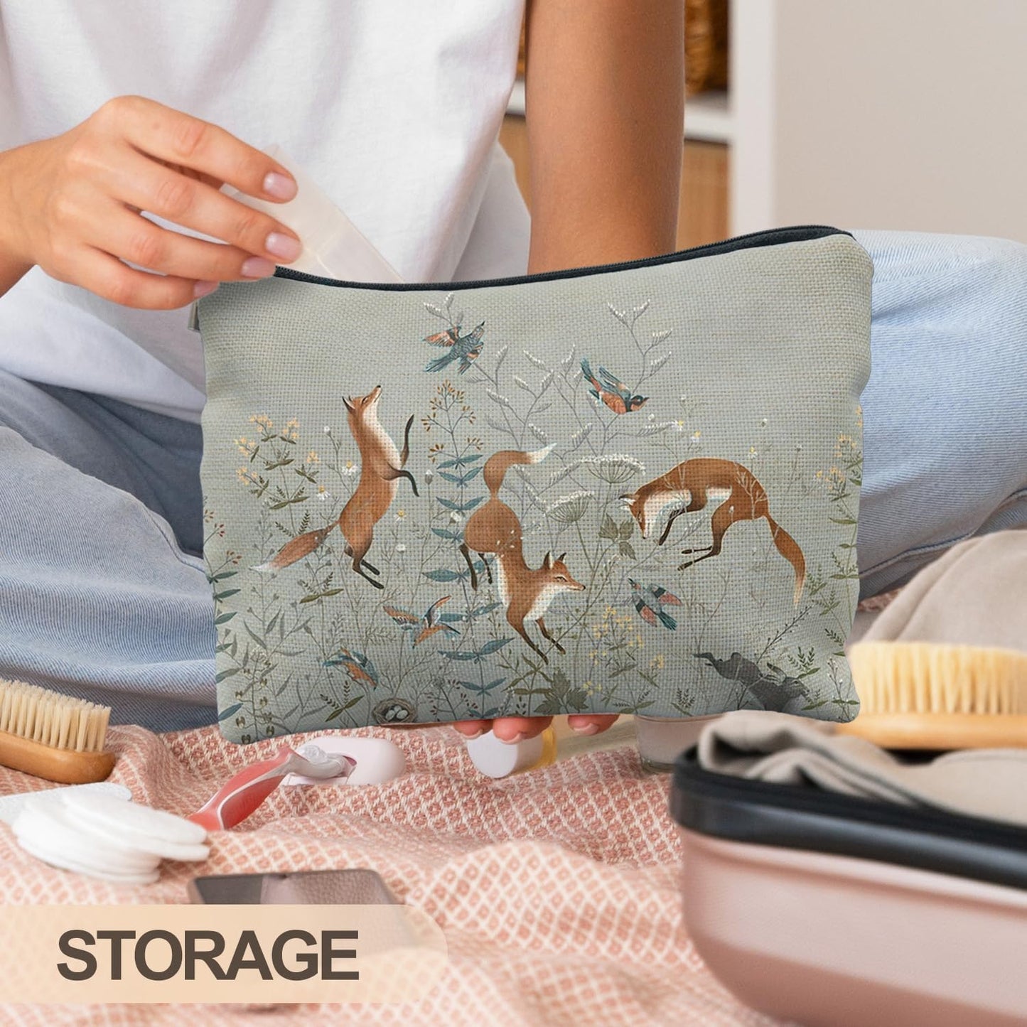 Fox Gifts for Women, Fox Wildflowers Makeup Bag, Forest Fox Cottagecore Cosmetic Bags Toiletry Bag