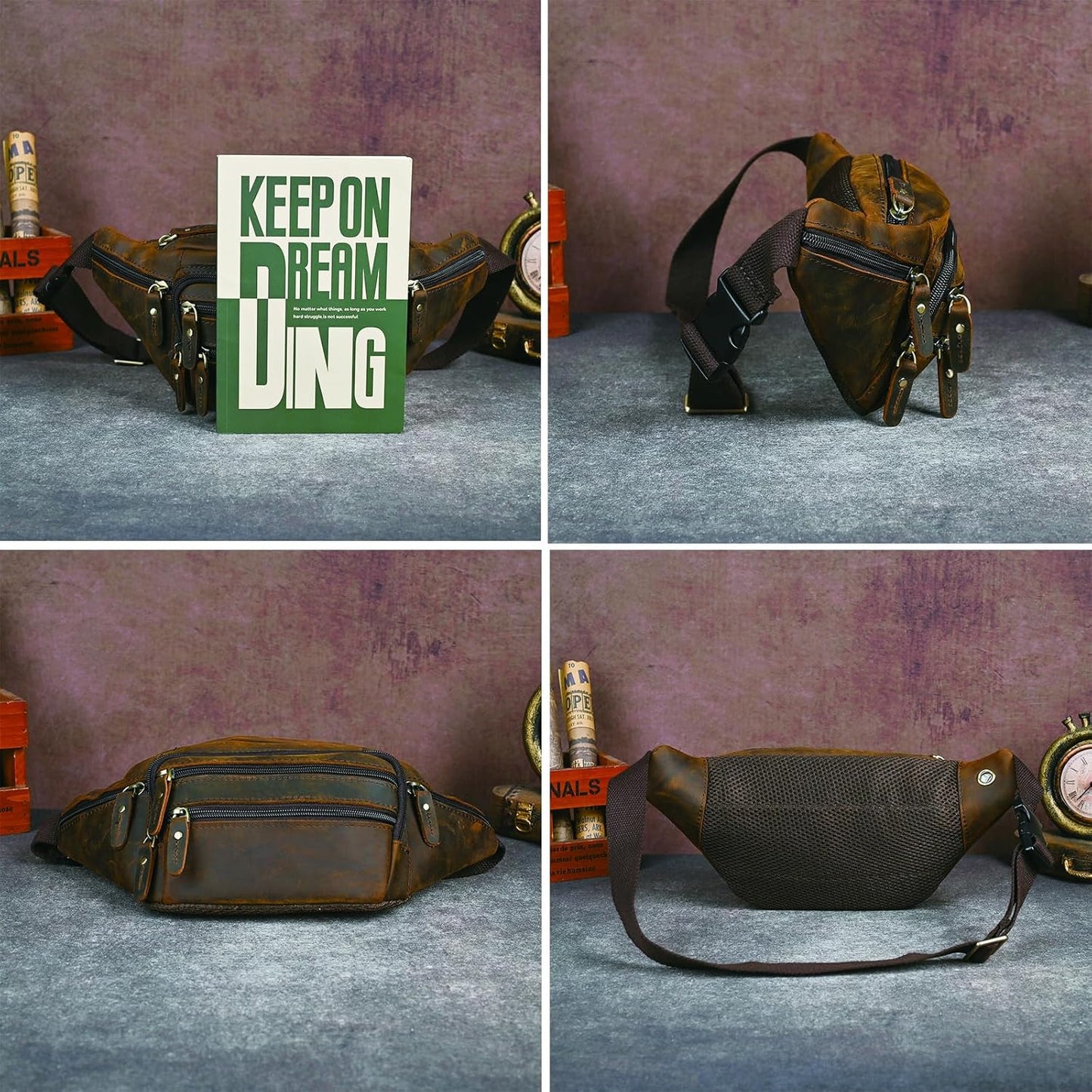 Thick Crazy Horse Leather Hiking Riding Travel Outdoor Belt Bag Fanny Waist Pack Small Phone Pouch For Men Women 380 (383 Brown)