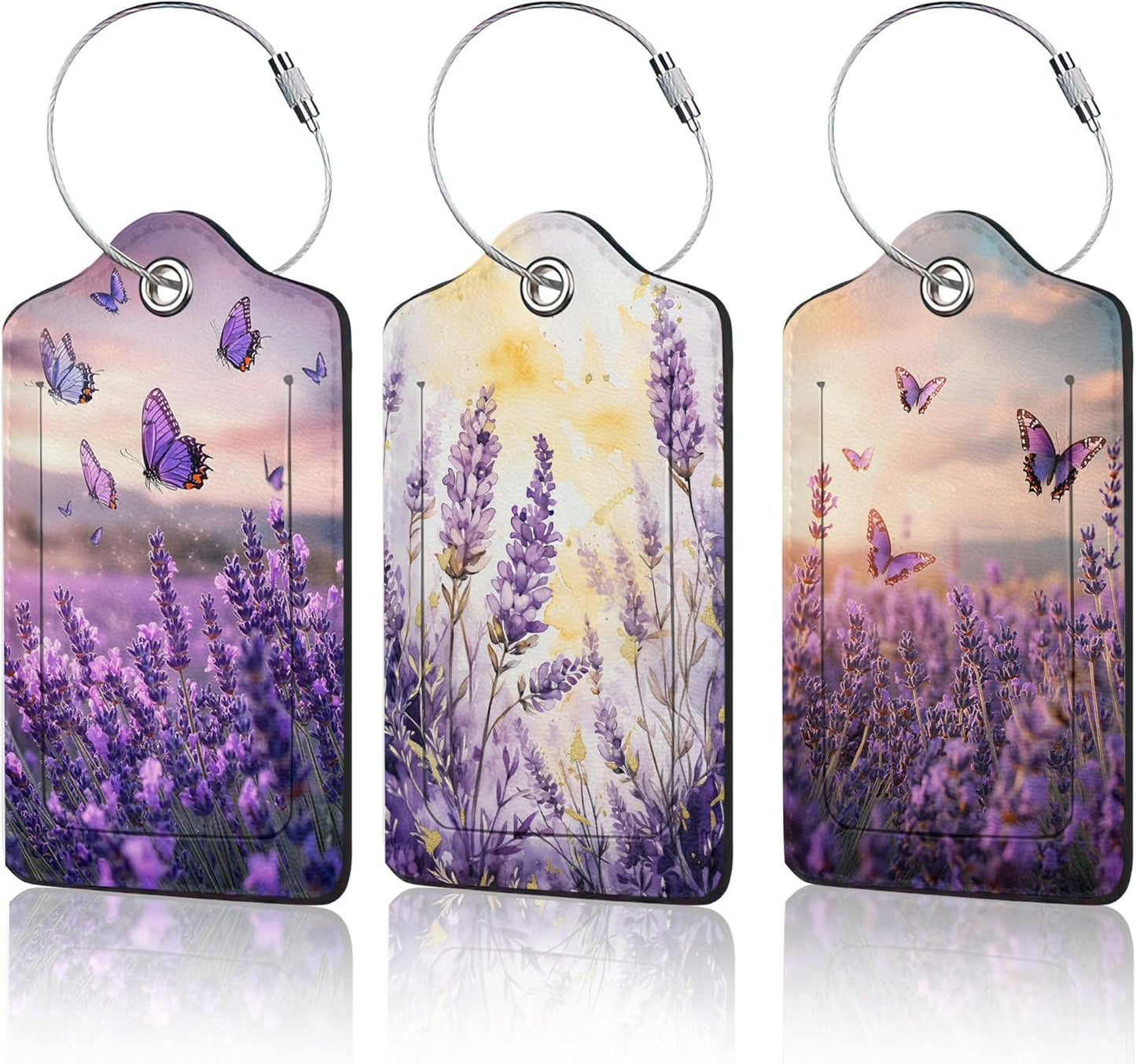3 Pack PU Lavender Butterfly Leahter Luggage Tag with Stainless Steel Loop,Travel Suitcase Labels with Privacy Cover ID Label Quickly Spot for Bags