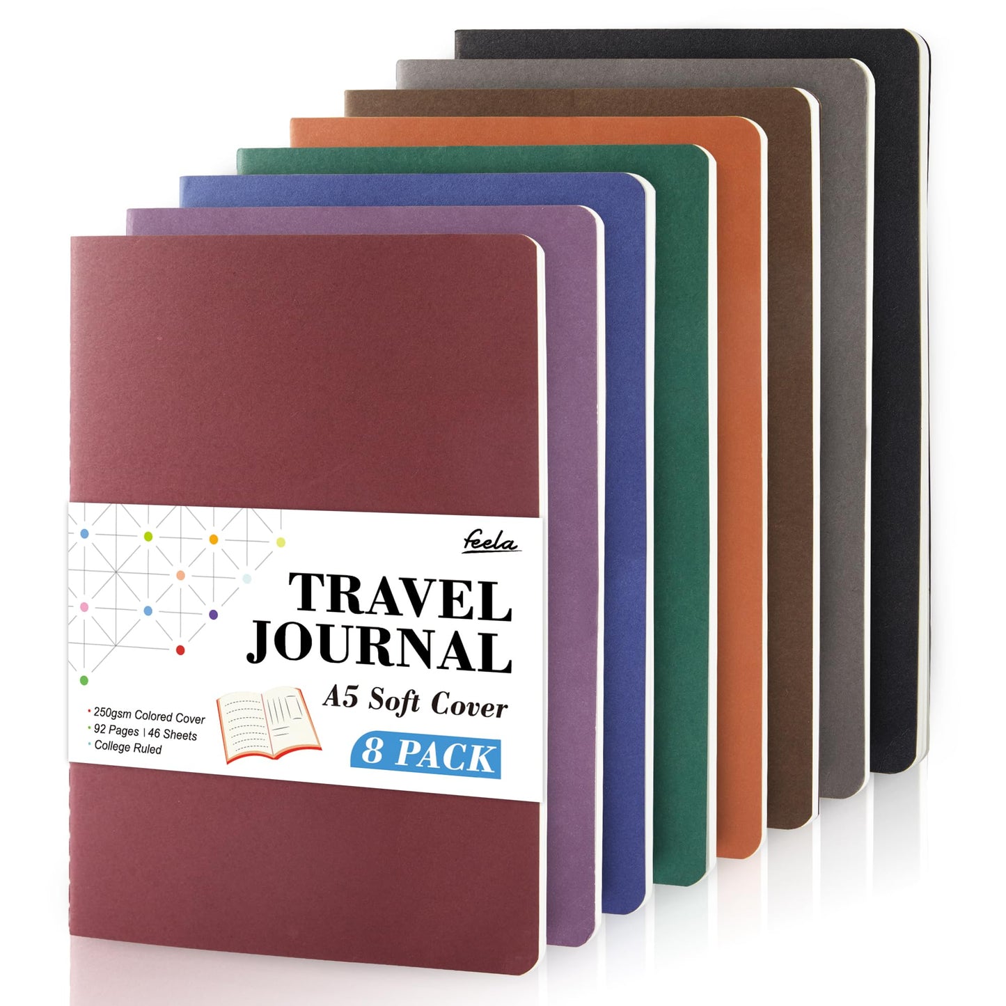 feela 8 Pack Soft Cover Journal Bulk, Notebooks College Ruled for Work, Lined Travel Journal for