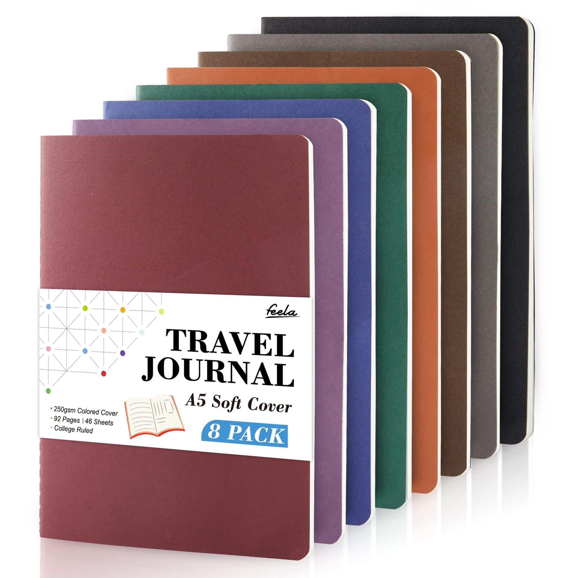 feela 8 Pack Soft Cover Journal Bulk, Notebooks College Ruled for Work, Lined Travel Journal for