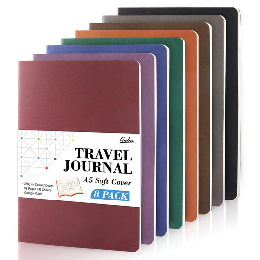 feela 8 Pack Soft Cover Journal Bulk, Notebooks College Ruled for Work, Lined Travel Journal for